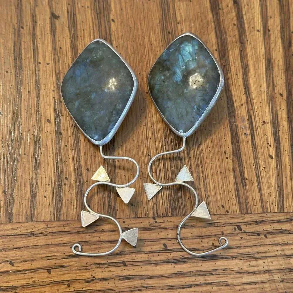 Vintage Sterling Silver 925 Labradorite Dangle‎ Earrings Modern Artisan 33.76g